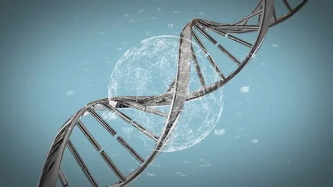 On loop metallic helix rotating and shifting as pulsing sphere syncing glyphs, Stock Footage 329812559