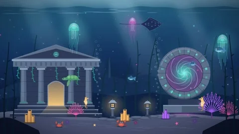 Loop mystical underwater temple animation at night with glowing portal Stock Footage 347508283