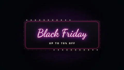 Loop Neon Black Friday sale glowing sign with 70 percent off discount text Stock Footage 340200078