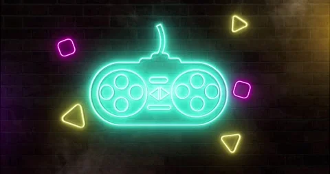 Loop of Neon Game Controller Sign Flickering On Brick Wall Stock-Footage 162353251
