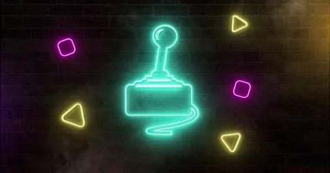 Loop of Neon Game Controller Sign Flickering On Brick Wall Stock-Footage 162353253