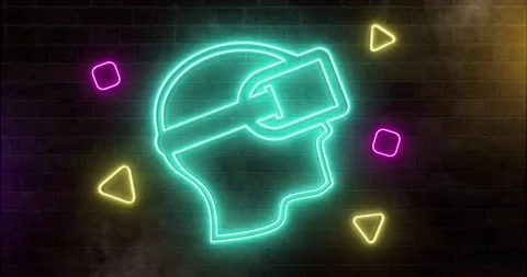 Loop of Neon VR Headset Sign Flickering On Brick Wall Stock Footage 162353241