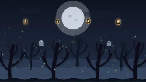 Loop Paper Cut Halloween Forest Background with Glowing Lanterns and Ghosts Vídeos de archivo 347277493