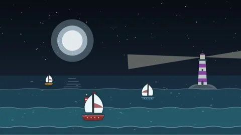 Loop Paper Cut Harbor Night Background with Sailboats and Rotating Lighthouse Vídeos de archivo 347277487