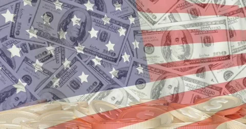 Loop playing, flag shifting and pulsing over bills while coins sliding up for Stock Footage 331165681