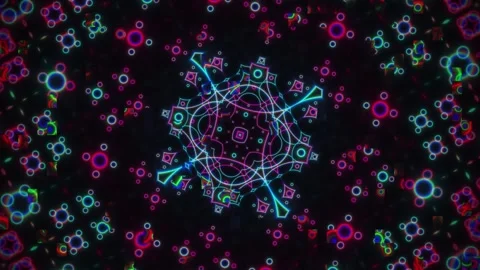Loop Psychedelic Neon Mandala Animation with Distortion on Dark Background Stock Footage 346769068