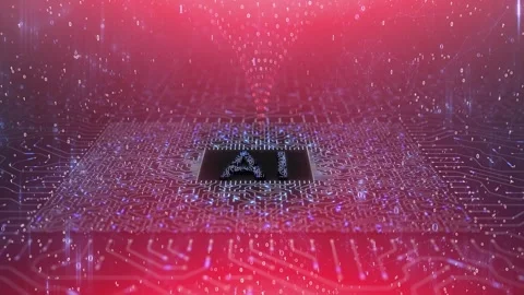 Loop red digital AI chip motherboard with binary numbers motion background Stock Footage 344142610