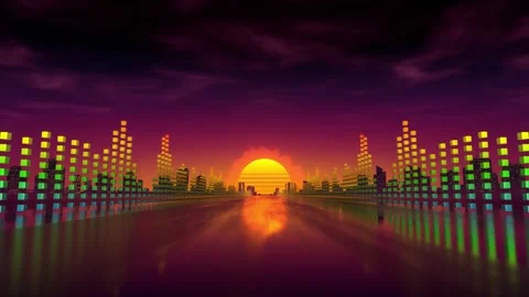 Loop Retrowave Sunset Road With Audio Bars Stock Footage 309696434