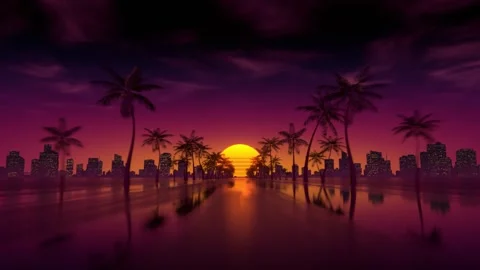 Loop Retrowave Sunset Road With Palm Trees Stock Footage 310017930