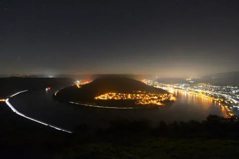 Loop of River Rhine in Night with Starry Sky, Gedeonseck, Boppard, Foto stock