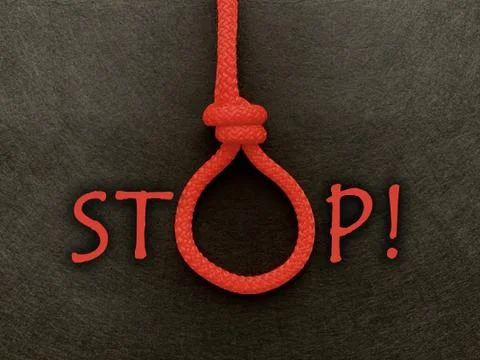 A loop of rope with the word "Stop." Bright rope with a loop, on a dark backg Stock Photos