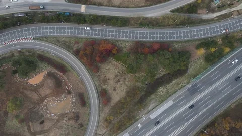 Loop-shaped traffic intersection and autumn trees top view aerial view. Stock Footage 165584293