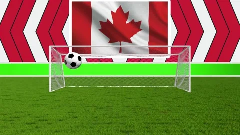 Loop Soccer Ball Flying into Goal Net with Waving Canada Flag and Abstract .. Stock Footage 336096274