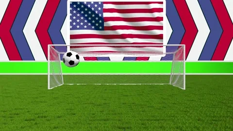 Loop Soccer Ball Flying into Goal Net with Waving USA Flag and Abstract Mot.. Video stock 336096281