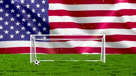 Loop Soccer Ball Rolling on Grass with Goal Net and Waving USA Flag Backgroun Stock Footage 335762630