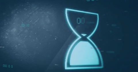 On loop start cyan hourglass rotating into split triangles, HUD numerics Stock Footage 326096246