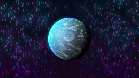 On loop start Earth-like planet rotating while neon data-rain descending, 스톡 동영상 333019542