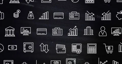 Loop start finance icon grid scrolling shimmering over magenta circuit lines for Stock Footage 328685363