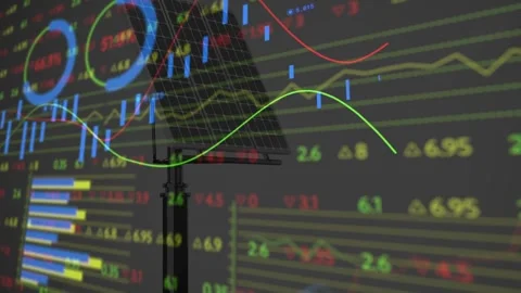 Loop start financial data animating with averages, candles, pie drifting, 動画素材 334112199