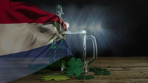 On loop start, flag drifting, revealing mug, bottle while backlight pulsing, 動画素材 329533479