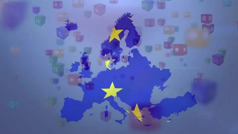 Loop start floating cubes drifting, rotating and revealing blue map with three Stock Footage 329899304