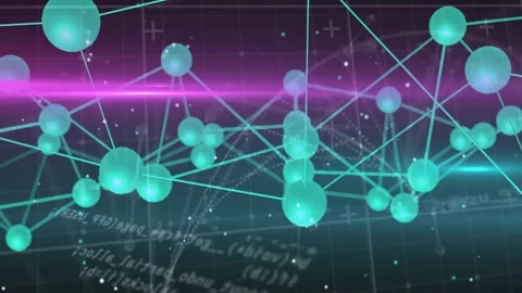 On loop start magenta beam sweeping through rotating teal node network Stock Footage 328360771