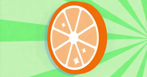At loop start orange slice rotating around vertical axis against green rays Stock Footage 315529942