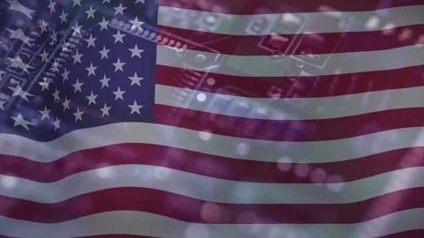 On loop start sheer US flag waving slowly while bokeh pulsing and circuitry Stock Footage 335739721
