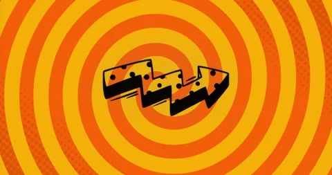 At loop start, zigzag arrow graphic floating over yellow orange target rings Stock Footage 315518929