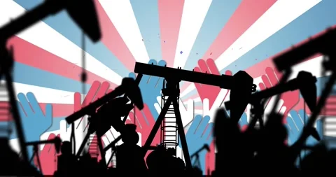 Loop starting central pumpjack rocking, layered hands rising over sunburst, Stock Footage 328224290
