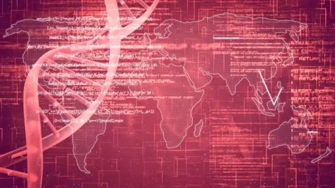 Loop starting: DNA helix rotating inward, map and code scrolling, marker Stock Footage 333873001