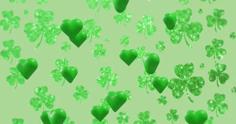 Loop starting with glitter clovers and 3D hearts drifting, scaling, sparkling, Stock Footage 329455125