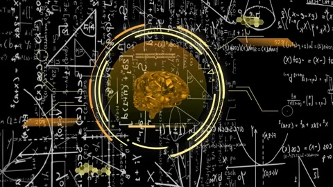 Loop starting golden 3D brain rotating in glowing rings while orange bars Stock Footage 335652076