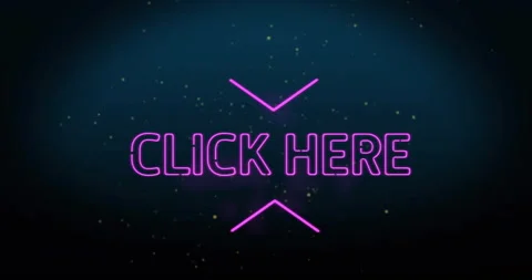 Loop starting neon CLICK HERE fading with arrows pulsing, particles drifting Stock Footage 312638438