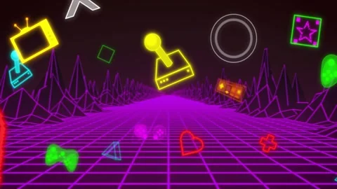 Loop starting as neon gaming icons and magenta grid drifting forward, showing Stock Footage 333220965