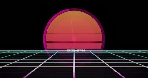 Loop starting, sun pulsing horizon while neon grid shimmering, text flickering, Stock Footage 329472563