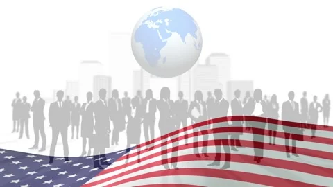 Loop starting, US flag waving, globe drifting rotating slightly, crowd 스톡 동영상 334703736
