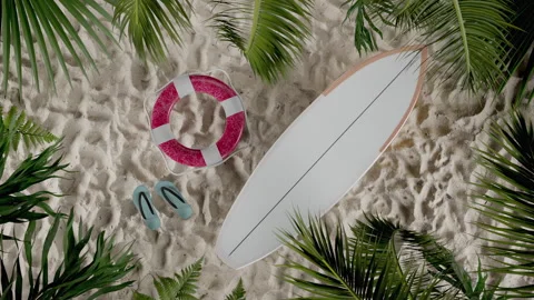 Loop Top View Animation of Tropical Beach with Surfboard, Lifebuoy and Flip Video stock 309204396