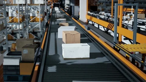 Loop Transmitting Of Packaging Box On The Conveyor Belt, 3D Rendering Stock-Footage 269687518