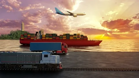 Loop transportation worldwide by ship, plane, train and truck. Concept of Stock Footage 239360124