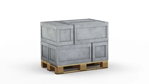 Loop Turning around a Pallet loaded with 6 Transportation metal Boxes Stock Footage 125929127