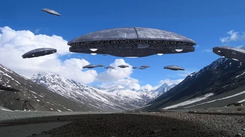 Loop with a UFO fleet in the Himalayan mountains. Stock Footage