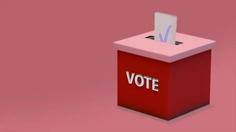 Loop video. Ballot paper with a blue checkmark flying in red ballot box on red Video stock 169718400
