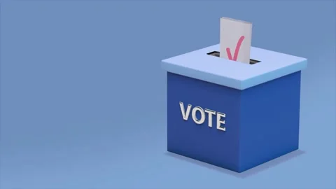 Loop video. Ballot paper with a red check mark flying in blue ballot box on blue Video stock 169718397