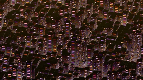 Loopable abstract isometric city at night, rotating modern, bustling urban Stock Footage 337898892