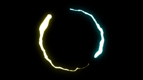 Loopable animated BLUE YELLOW Lightning bolts round flight strike on black Stock Footage 91646194