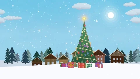 A loopable animated Christmas village with a decorated Xmas tree, falling snow Stock Footage 338151718