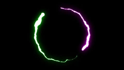 Loopable animated GREEN PURPLE Lightning bolts round flight strike on black Stock Footage 91646158