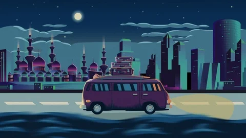 Loopable animation of a cartoon car traveling in different landscapes Stock Footage 102445306
