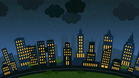Loopable animation of a city with skycrapers at stormy night. Lightning strikes Stock Footage 30444887
